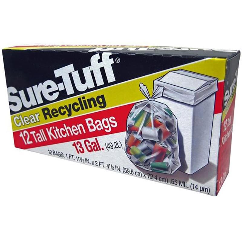 Sure Tuff 13Gal Clear Recycling Tall Kitchen bags 12ct; 24/cs