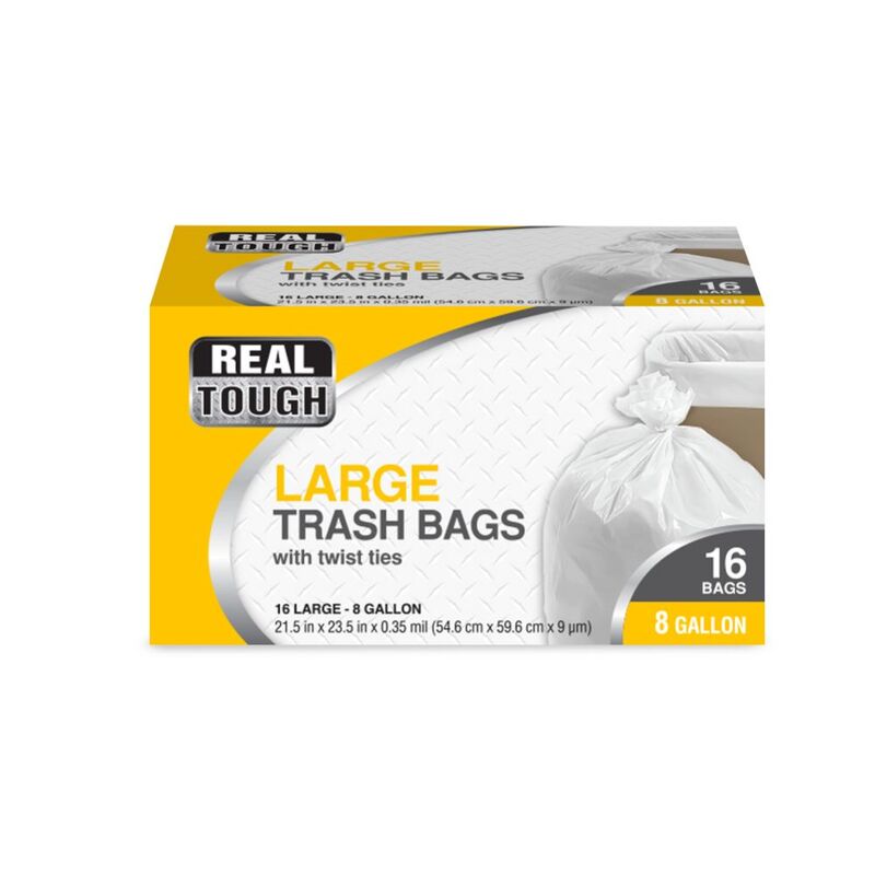 Real Tough 8Gal Trash Bags With Twist Ties 16ct; 24/cs