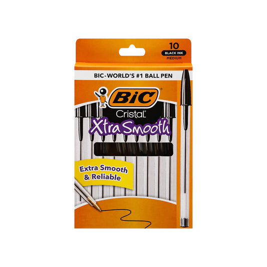 Bic Pen Stic Crystal Xtra Smooth 10ct- Black Med (Box) 12/cs