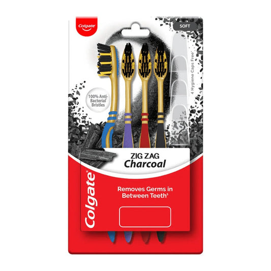 Colgate 4pk Zig Zag Charcoal T.brush+ Caps -Soft 12/60/cs