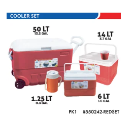 RED COOLER SET Cooler Set #3 W/Wheel 50Lt + 14 Lt + 6Lt +1.25Lt Jug - Red 1/CS
