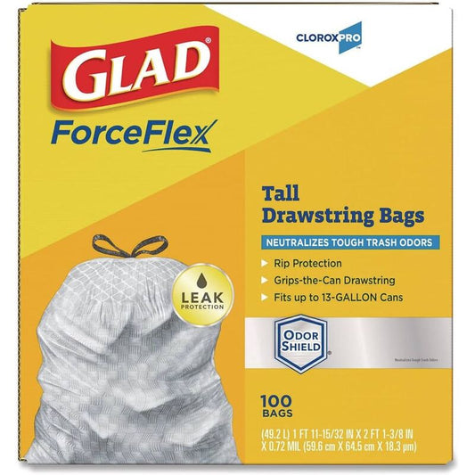 Glad 13G 40ct Force Flex Drawstring Trash Bags Odor Shield Uscented 6/cs
