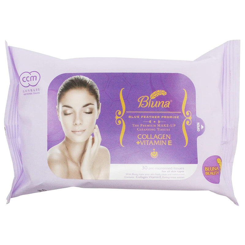 Bluna 30ct Make-Up Cleansing Tissue Wipe-Collagen Vitamin E 12/cs