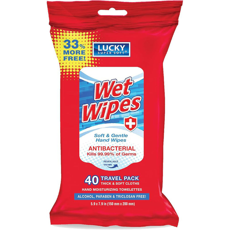 Lucky Wet Wipes Antibacterial 40ct Travel Pack 12/cs