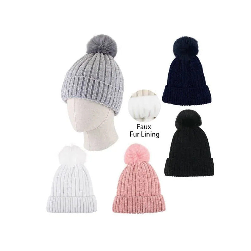 THERMAXX Ladies Pom Pom Hat W/Fur Lining Chenille 12/Bag