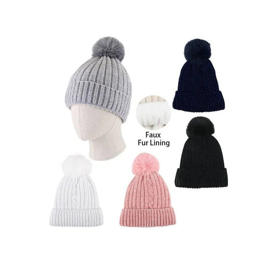 THERMAXX Ladies Pom Pom Hat W/Fur Lining Chenille 12/Bag