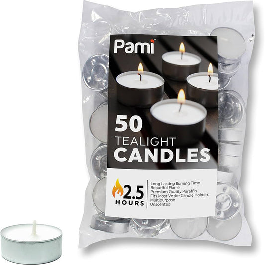 PAMI TEA LIGHT Candle 50ct Bag - White 12/cs