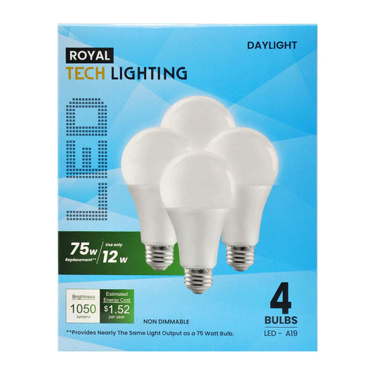 Royal Tech Lighting 4ct (75Watt//12W) LED-A19-DayLight 12/cs