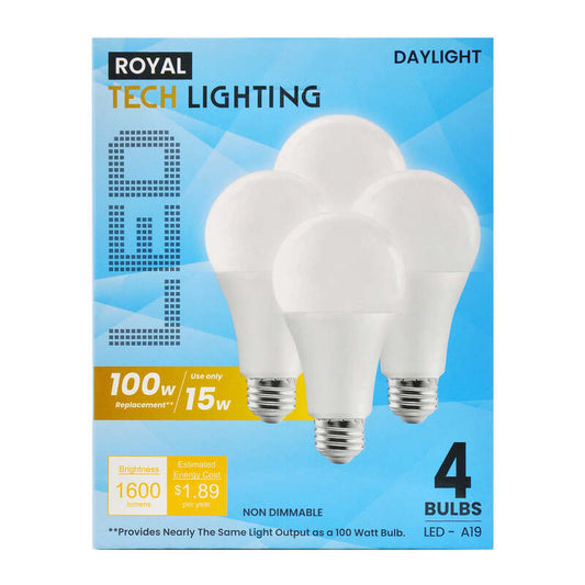 Royal Tech Lighting 4ct (100Watt//15W) LED-A19-DayLight 12/cs