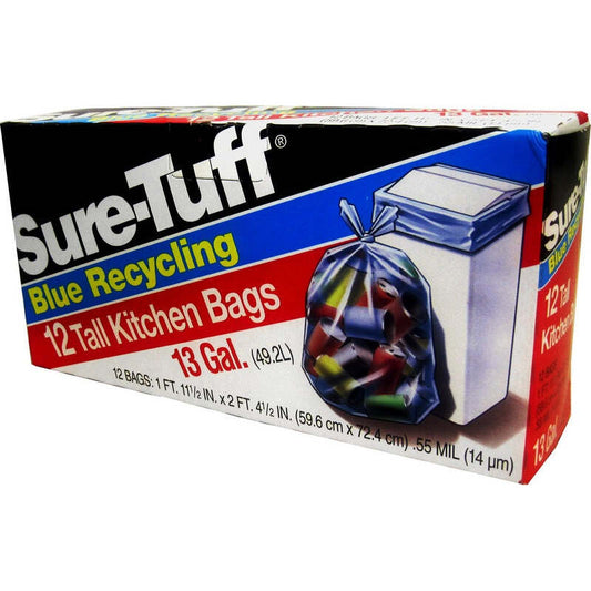 Sure Tuff 13Gal Blue Recycling Tall Kitchen bags 12ct; 24/cs