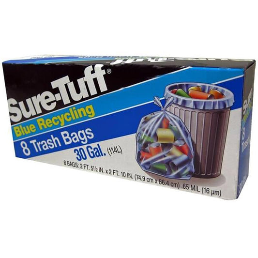 Sure Tuff 30Gal Blue Recycling Trash bags 8ct; 24/cs