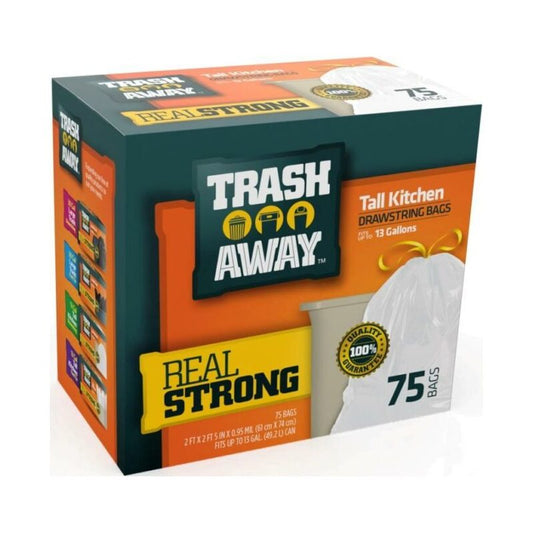 Trash Away Drawstring Tall Kitchen 75ct 13Gal White 4/cs