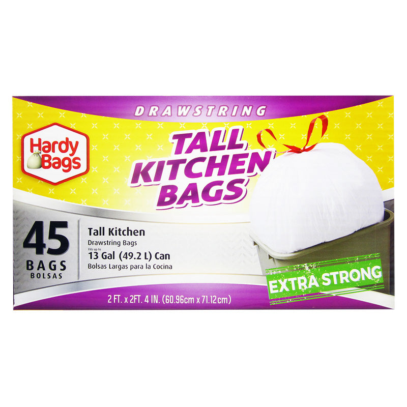 45CT HARDY BAGS Drawstring 13gal Tall Kitchen Bags 12/cs