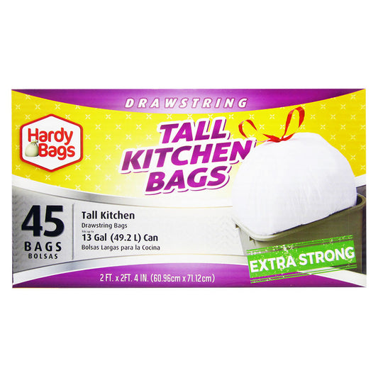 45CT HARDY BAGS Drawstring 13gal Tall Kitchen Bags 12/cs